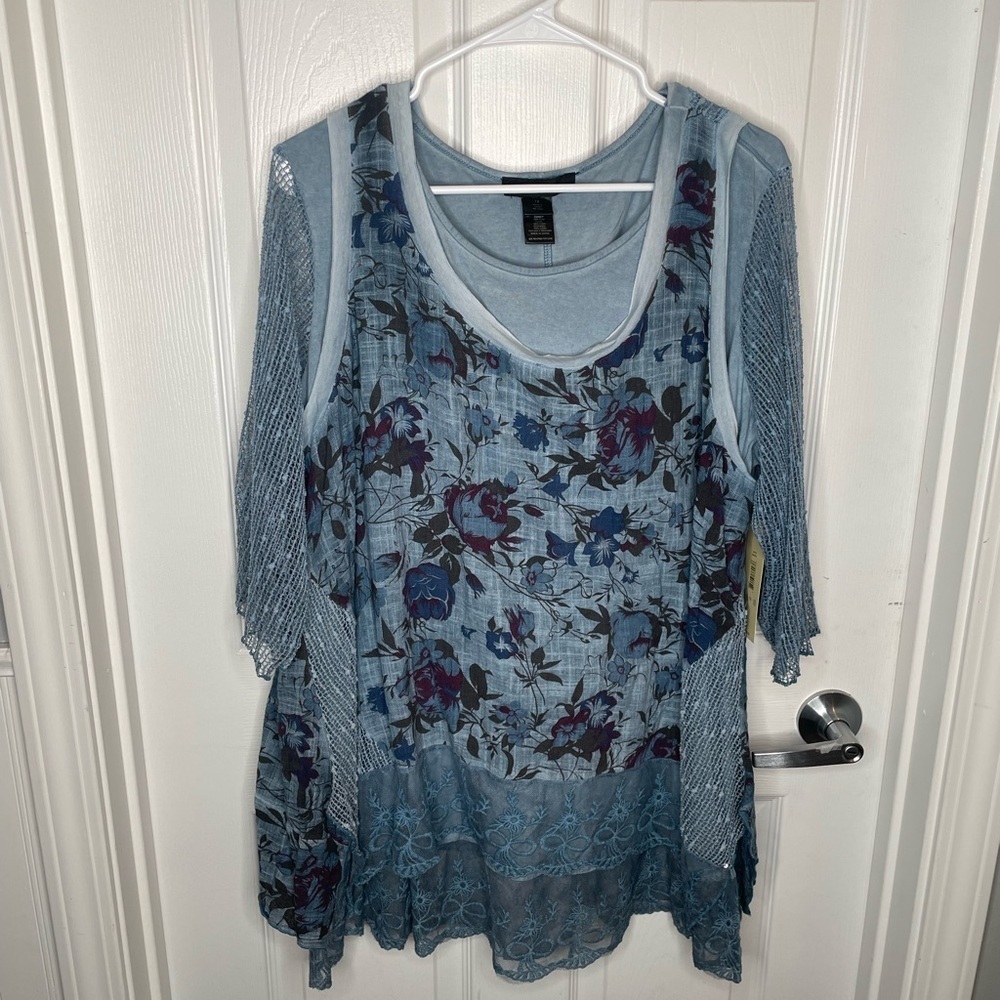 Ali Miles Layered Floral Lace Trim Tunic Flowy Fairycore Whimsical in Blue 1X